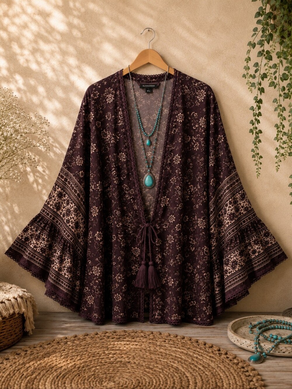 Olivaceous Boho Dark Plum Floral Kimono Rayon Bell Sleeve M/L